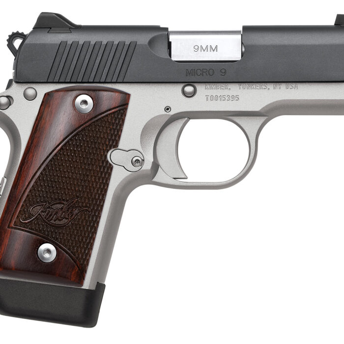 Kimber Mfg, Inc 3300099 Micro 9 Two-Tone Micro Frame 9mm Luger 7+1 3.15" Stainless Match Grade Barrel, Matte Black Serrated Steel Slide, Satin Silver Aluminum Frame w/Beavertail, Rosewood Grip
