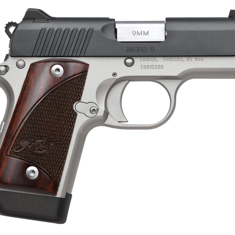 Kimber Mfg, Inc 3300099 Micro 9 Two-Tone Micro Frame 9mm Luger 7+1 3.15" Stainless Match Grade Barrel, Matte Black Serrated Steel Slide, Satin Silver Aluminum Frame w/Beavertail, Rosewood Grip