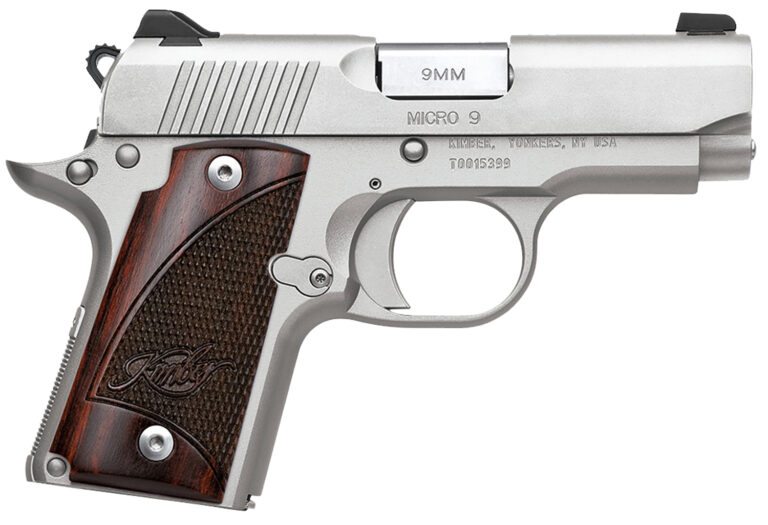 Kimber Mfg, Inc 3300158 Micro 9  9mm Luger 7+1 3.15" Match Grade Barrel, Satin Silver Stainless Steel Serrated Slide, Satin Silver Aluminum Frame w/Beavertail, Rosewood Grip