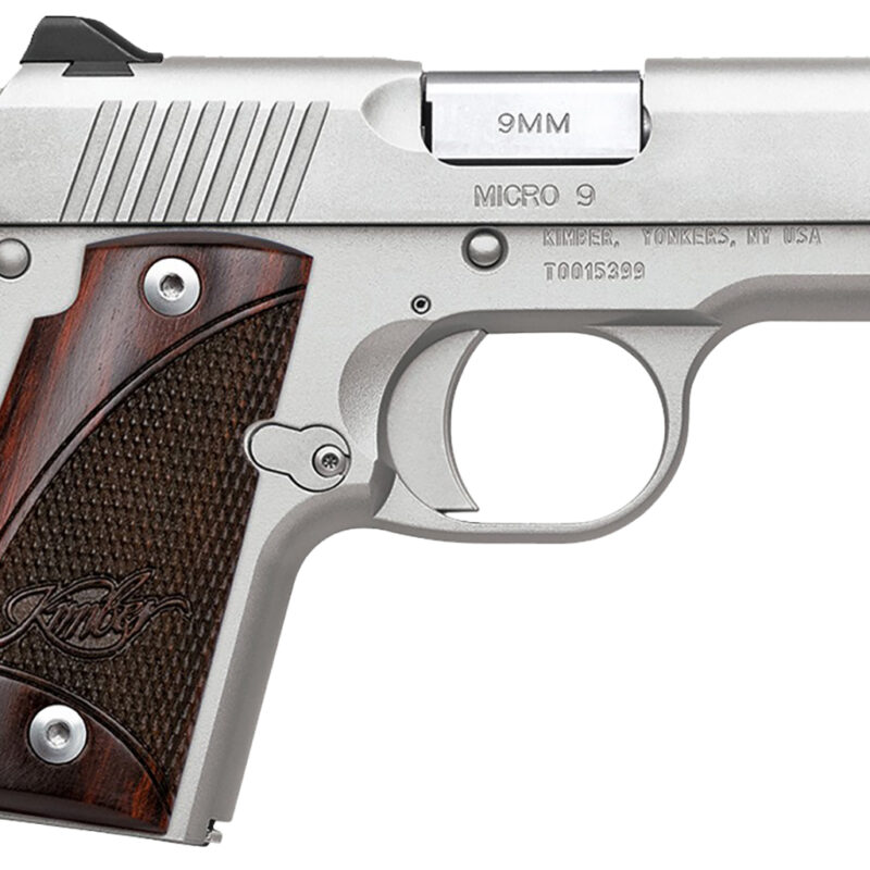 Kimber Mfg, Inc 3300158 Micro 9  9mm Luger 7+1 3.15" Match Grade Barrel, Satin Silver Stainless Steel Serrated Slide, Satin Silver Aluminum Frame w/Beavertail, Rosewood Grip