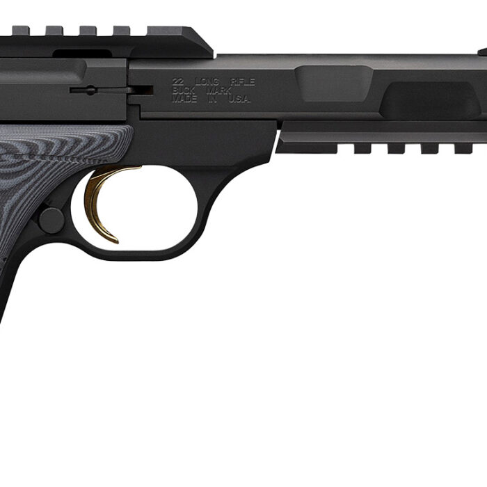 Browning 051598490 Buck Mark Contour Pro 22 LR 10+1 4.40" Black Threaded w/Compensator Barrel, Matte Black Picatinny Rail Receiver, Matte Black Aluminum Frame w/Picatinny Rail, Black/Gray G10 Grip