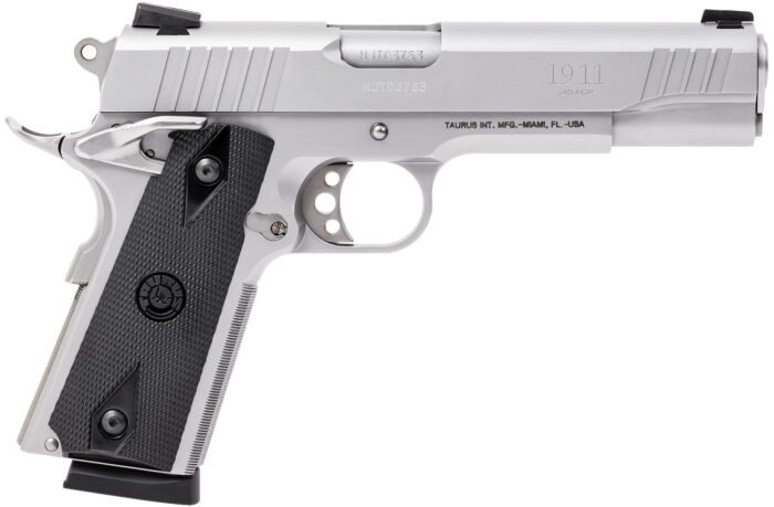Taurus 1191109 1911  Full Size Frame 45 ACP 8+1 5" Matte Stainless Steel Barrel, Serrated Stainless Steel Slide, Matte Stainless Steel Frame w/Beavertail, Black Checkered Polymer Grip, Right Hand