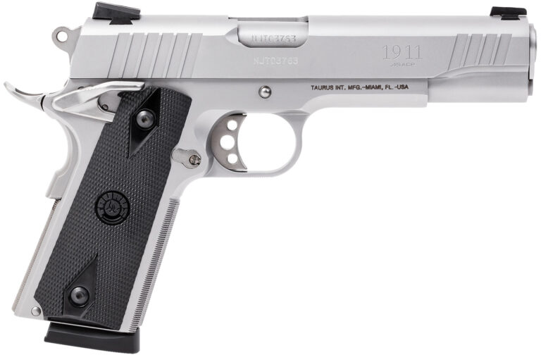 Taurus 1191109 1911  Full Size Frame 45 ACP 8+1 5" Matte Stainless Steel Barrel, Serrated Stainless Steel Slide, Matte Stainless Steel Frame w/Beavertail, Black Checkered Polymer Grip, Right Hand