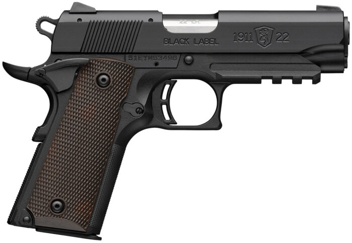 Browning 051066490 1911-22 Black Label Compact Frame 22 LR 10+1 3.63" Stainless Steel Barrel, Matte Black Serrated Slide, Matte Black Aluminum Frame w/Picatinny Rail, Brown Composite Grip