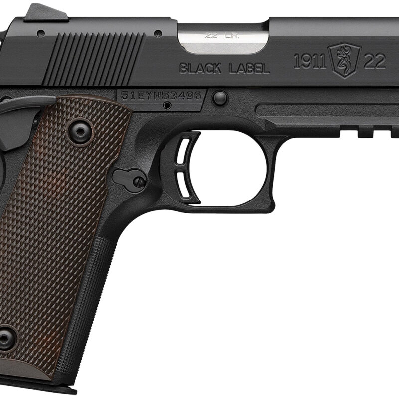 Browning 051066490 1911-22 Black Label Compact Frame 22 LR 10+1 3.63" Stainless Steel Barrel, Matte Black Serrated Slide, Matte Black Aluminum Frame w/Picatinny Rail, Brown Composite Grip