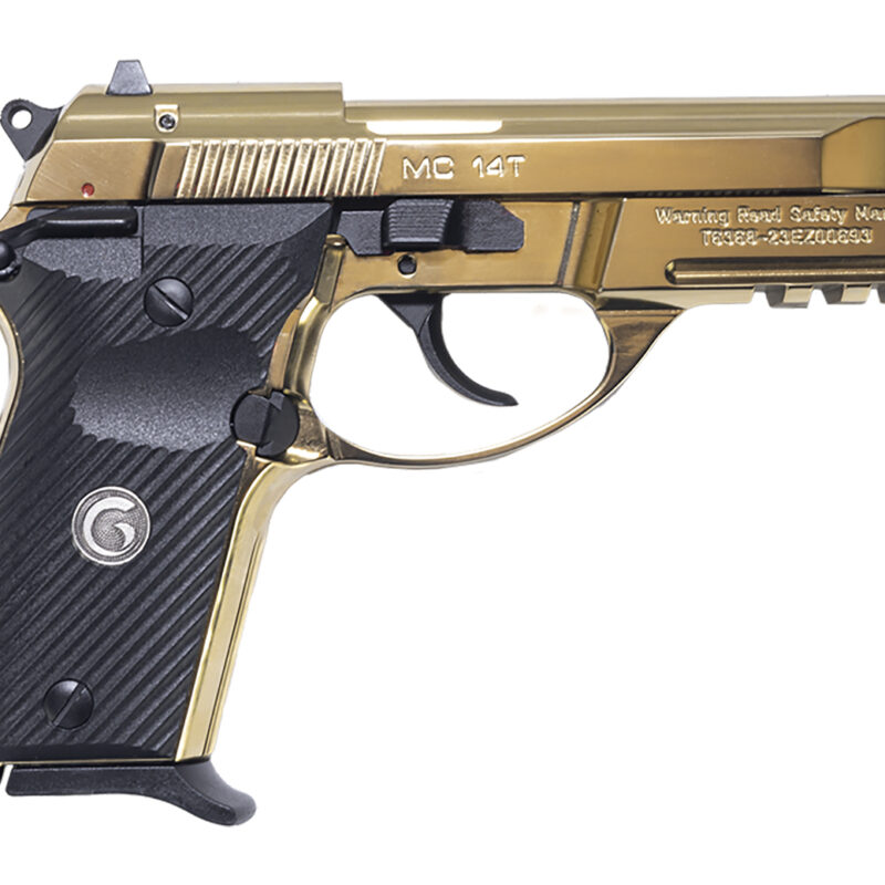 Girsan 390870 MC 14T Solution Compact Frame 380 ACP 13+1 4.50" Gold Plated PVD Steel Tip-Up Barrel, Gold Plated Serrated Steel Slide, Gold Plated Aluminum Frame w/Picatinny Rail, Black Polymer Grip