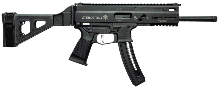 Grand Power 197892004817 TR22 Stribog 22 LR 25+1 8" Black Threaded Barrel, Black Picatinny Rail Receiver, Black Aluminum Frame w/Lower Picatinny Rail, SB Tactical Brace, Black Polymer Grips