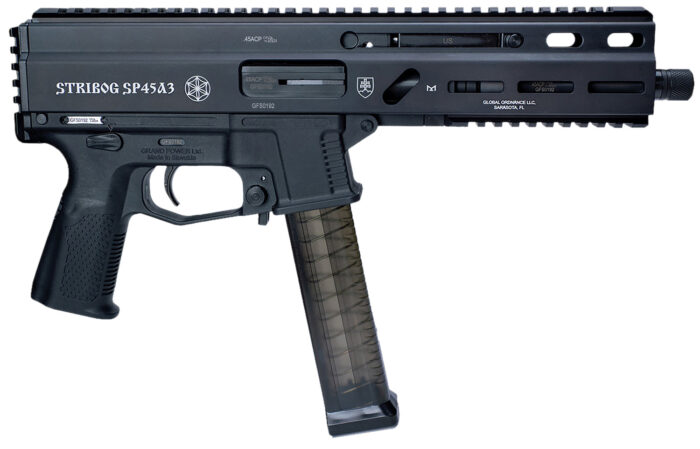 Grand Power 197892003506 SP45A3 Stribog 45 ACP 20+1 8" Black Threaded Barrel, Black Aluminum Picatinny Rail Receiver, Rear Picatinny Rail, Black Polymer Grip, Thread Protector