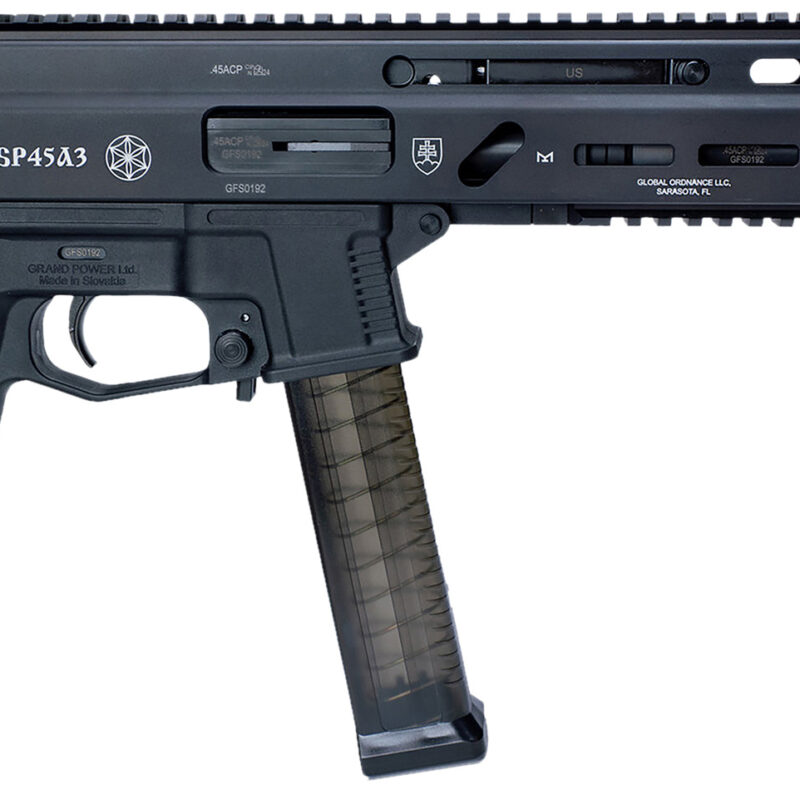 Grand Power 197892003506 SP45A3 Stribog 45 ACP 20+1 8" Black Threaded Barrel, Black Aluminum Picatinny Rail Receiver, Rear Picatinny Rail, Black Polymer Grip, Thread Protector