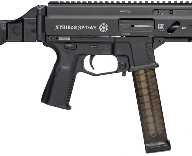 Grand Power 197892004824 SP45A3 Stribog 45 ACP 20+1 8" Black Threaded Barrel, Black Aluminum Picatinny Rail Receiver, Black SB Tactical Brace, Black Polymer Grip, Thread Protector