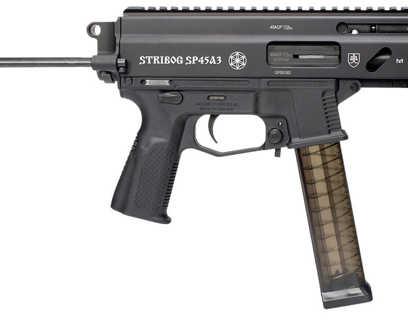 Grand Power 197892004831 SP45A3 Stribog 45 ACP 20+1 8" Black Threaded Barrel, Black Aluminum Picatinny Rail Receiver, Black PDW Tailhook Brace, Black Polymer Grip, Thread Protector