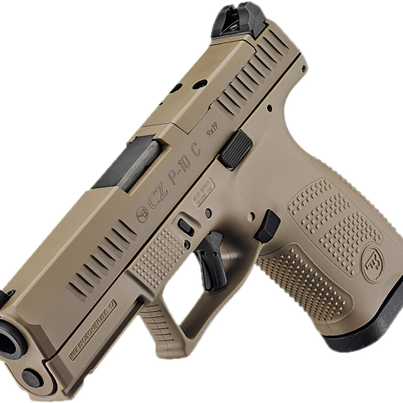 CZ-USA 91577 P-10 C  Compact Frame 9mm Luger 15+1 4.02" Black Stainless Steel Barrel, Black Nitride Serrated Steel Slide, Flat Dark Earth Polymer Frame w/Picatinny Rail, Interchangeable Backstrap Grip