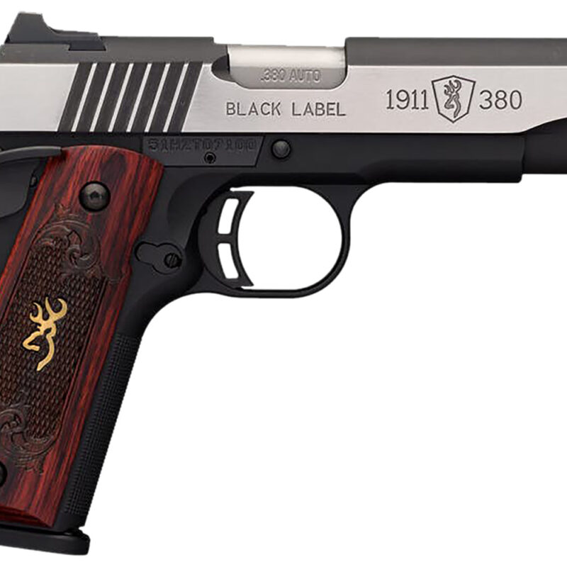 Browning 051914492 1911-380 Black Label Medallion Pro 380 ACP 8+1 4.25" Target Crown Barrel, Blackened w/Silver Polished Flats Serrated SS Slide, Matte Black Polymer Frame w/Beavertail