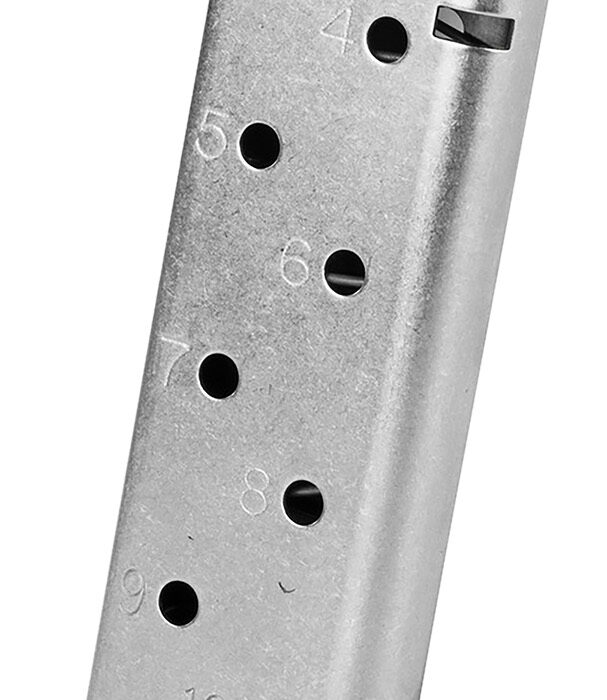 CMC Products 17150 Power Mag Railed 10rd 45 ACP Fits 1911 Government Stainless Steel w/ Black Base Pad