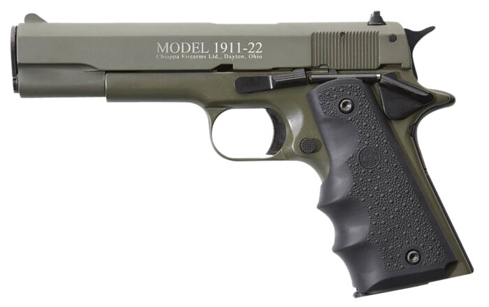 Chiappa Firearms 401121 1911-22  22 LR 10+1 5" OD Green Serrated Steel Slide & Beavertail Frame, Black Hogue Rubber w/Finger Grooves Grip