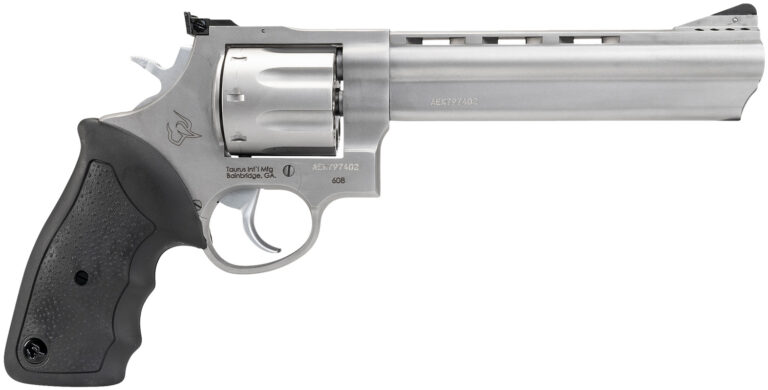 Taurus 2-608069 608  38 Special +P or 357 Mag Caliber with 6.50" Ported Barrel, 8rd Capacity Cylinder, Overall Matte Finish Stainless Steel, Finger Grooved Black Rubber Grip & Adjustable Rear Sight