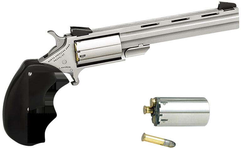 North American Arms MMC Mini-Master *CA Compliant 22 LR or 22 WMR 5rd 4" Vent Rib Barrel, Overall Stainless Steel Finish & Finger Grooved Black Rubber Grip Includes Cylinder