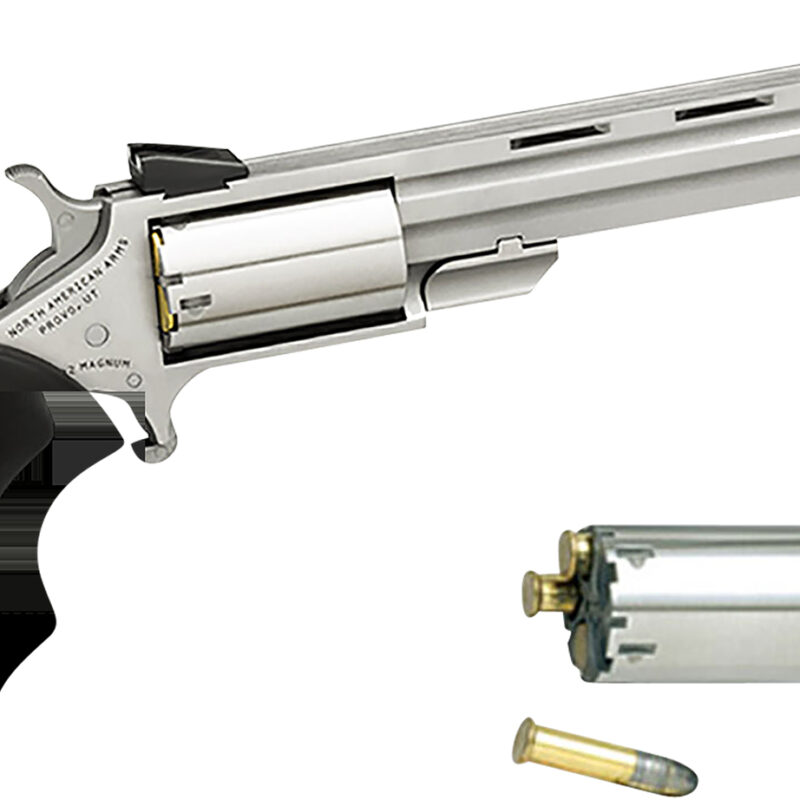 North American Arms MMC Mini-Master *CA Compliant 22 LR or 22 WMR 5rd 4" Vent Rib Barrel, Overall Stainless Steel Finish & Finger Grooved Black Rubber Grip Includes Cylinder