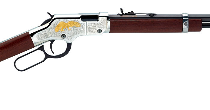 Henry H004GE Golden Eagle  Full Size 22 Short, 22 Long, 22 LR, 16 LR/21 Short 20" Blued Octagon Barrel, Nickel-Plated Metal Finish, American Walnut Stock Right Hand