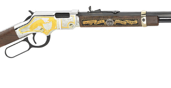 Henry H004MS2 Golden Boy Military Service Tribute 2 Full Size 22 Short, 22 Long, 22 LR, 16 LR/21 Short, 20" Blued Barrel, Nickel-Plated Metal Finish & American Walnut Stock Right Hand