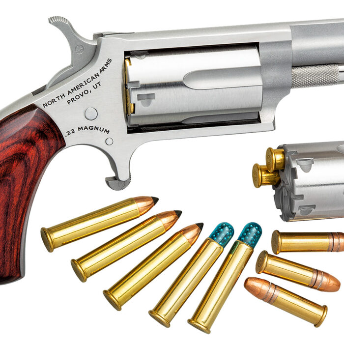 North American Arms 22MC Mini-Revolver  22 LR or 22 WMR 5 Shot 1.63" Barrel, Overall Stainless Steel Finish, Rosewood Grip Includes Cylinder