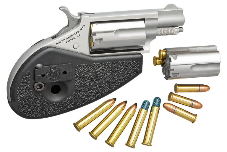 North American Arms 22MSCHG Mini-Revolver  22 LR or 22 WMR 5 rd 1.13" Barrel, Overall Stainless Steel Finish, Black Synthetic Holster Grip, Includes Cylinders