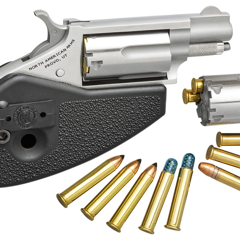 North American Arms 22MSCHG Mini-Revolver  22 LR or 22 WMR 5 rd 1.13" Barrel, Overall Stainless Steel Finish, Black Synthetic Holster Grip, Includes Cylinders