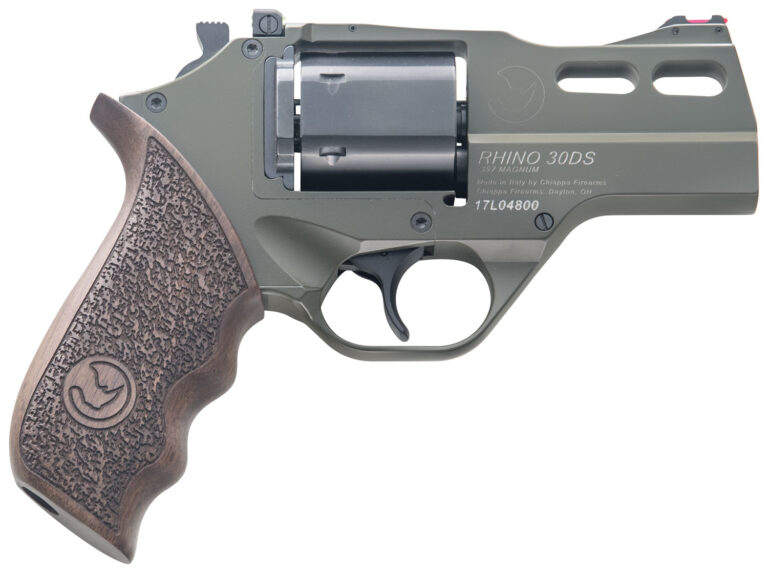 Chiappa Firearms 340285 Rhino 30DS  Small Frame 357 Mag 6 Shot 3" Green Cerakote Steel Vent Rib Barrel, Blued Steel Cylinder, Green Cerakote Aluminum Frame, Walnut Grip, Concealed Hammer