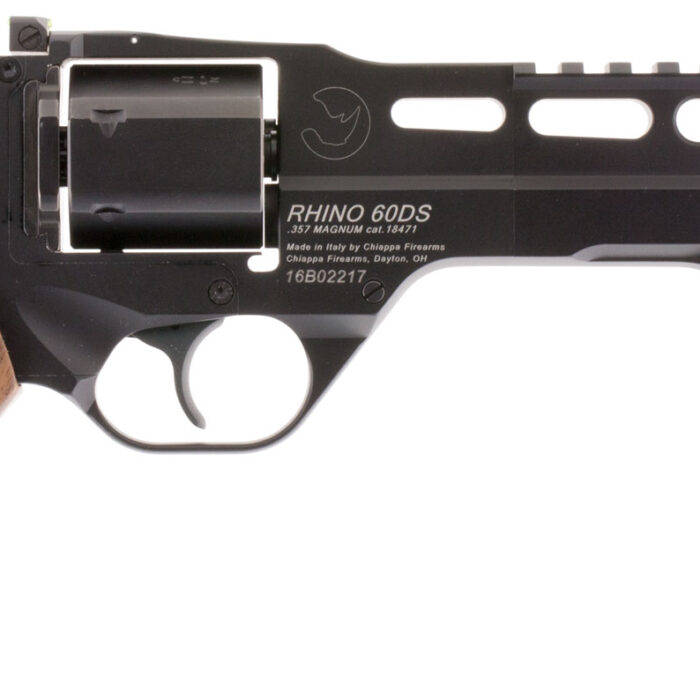 Chiappa Firearms 340221 Rhino 60DS  Small Frame 357 Mag 6 Shot, 6" Black Anodized Steel Vent Rib Barrel, Blued Steel Cylinder, Black Anodized Aluminum Frame, Walnut Grip, Concealed Hammer