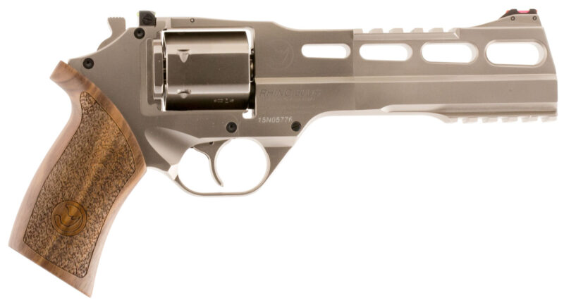 Chiappa Firearms 340224 Rhino 60DS  Small Frame 357 Mag 6 Shot, 6" Nickel-Plated Steel Vent Rib Barrel & Cylinder, Nickel-Plated Aluminum Frame, Walnut Grip, Concealed Hammer