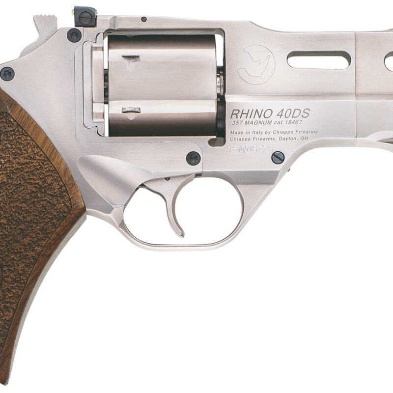 Chiappa Firearms CF340245 Rhino 40SAR *CA Compliant Medium Frame 357 Mag 6 Shot, 4" Nickel-Plated Steel Barrel & Cylinder, Nickel-Plated Aluminum Frame w/Picatinny Rail, Walnut Grip, Concealed Hammer