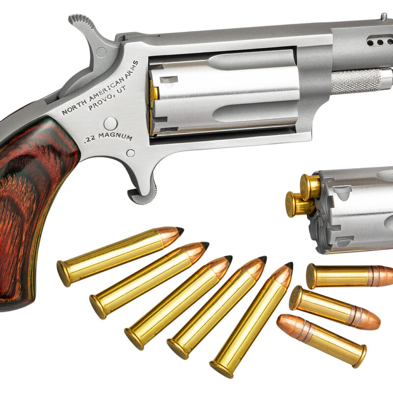 North American Arms 22MSCP Mini-Revolver Combo 22 LR or 22 WMR 5 rd 1.13" Ported Barrel, Overall Stainless Steel Finish, Rosewood Birdshead Grip Includes Cylinder
