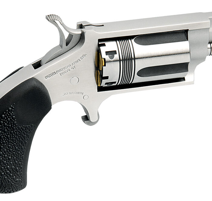 North American Arms 22MSTW Wasp Snub Nose 22 WMR 5 Shot 1.13" Vent Rib Barrel, Overall Stainless Steel Finish, Black Pebbled Texture Rubber Grip