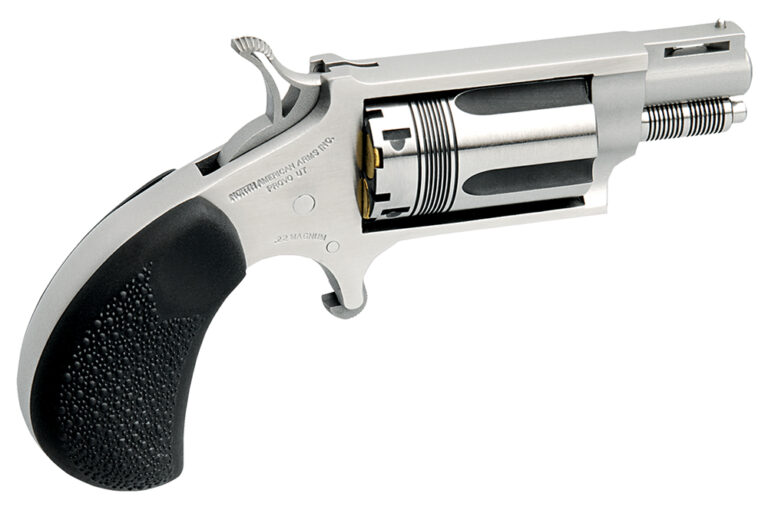 North American Arms 22MSTW Wasp Snub Nose 22 WMR 5 Shot 1.13" Vent Rib Barrel, Overall Stainless Steel Finish, Black Pebbled Texture Rubber Grip
