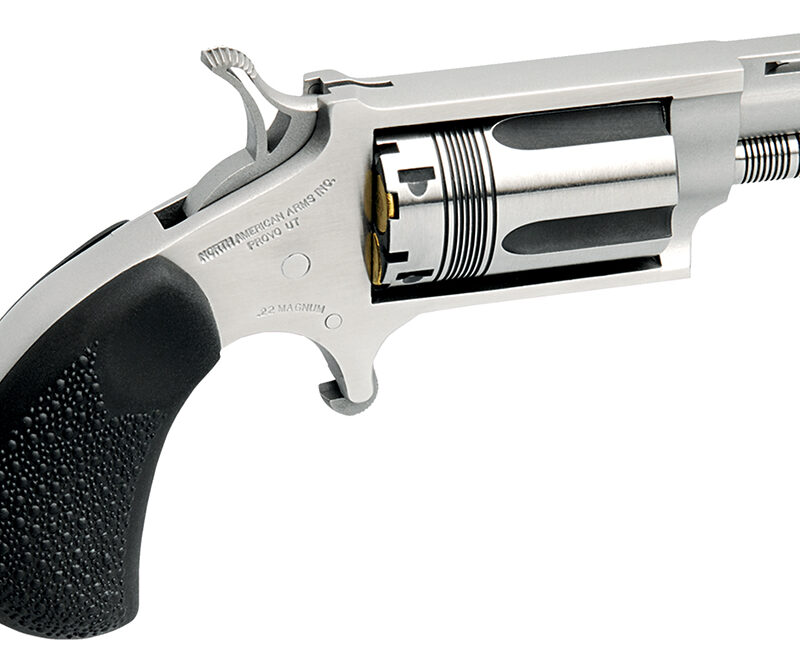 North American Arms 22MSTW Wasp Snub Nose 22 WMR 5 Shot 1.13" Vent Rib Barrel, Overall Stainless Steel Finish, Black Pebbled Texture Rubber Grip