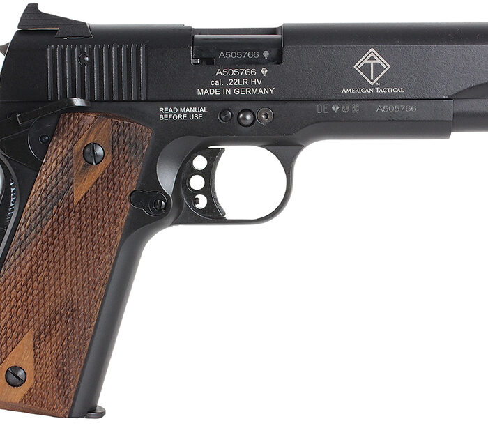 GSG GSG2210M1911CA 1911 *CA Compliant 22 LR 10+1 5" All Black Anodized Steel Barrel, Serrated Slide, Zinc Alloy w/Beavertail Frame, Double Diamond Walnut Grip