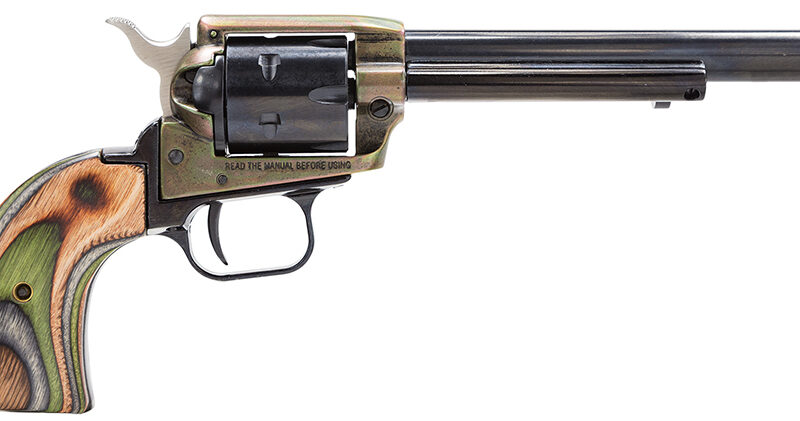 Heritage Mfg RR22CH6 Rough Rider  22 LR 6 Shot, 6.50" Black Oxide Steel Barrel, Simulated Case Hardened Zinc Alloy Frame, Black Oxide Cylinder, Camo Laminate Grip, Manual Safety, Exposed Hammer