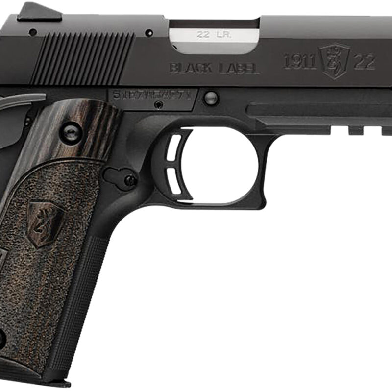 Browning 051817490 1911-22 Black Label Compact Frame 22 LR 10+1, 3.63" Stainless Steel Barrel, Matte Black Serrated Slide & Polymer Frame w/Beavertail & Picatinny Rail, Black Laminate Stippled Grip