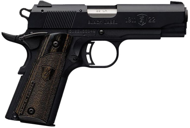 Browning 051815490 1911-22 Black Label Compact 22 LR 10+1 3.63" Stainless Steel Barrel, Matte Black Serrated Slide & Polymer Frame w/Beavertail, Black Laminate Stippled Grip