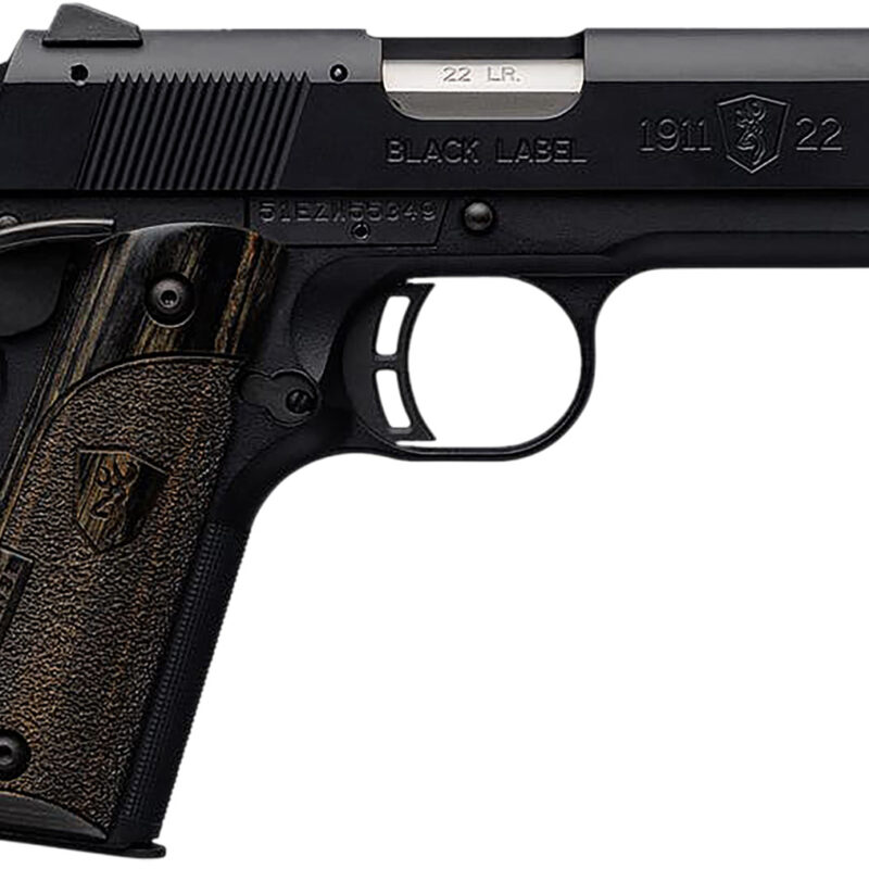 Browning 051815490 1911-22 Black Label Compact 22 LR 10+1 3.63" Stainless Steel Barrel, Matte Black Serrated Slide & Polymer Frame w/Beavertail, Black Laminate Stippled Grip