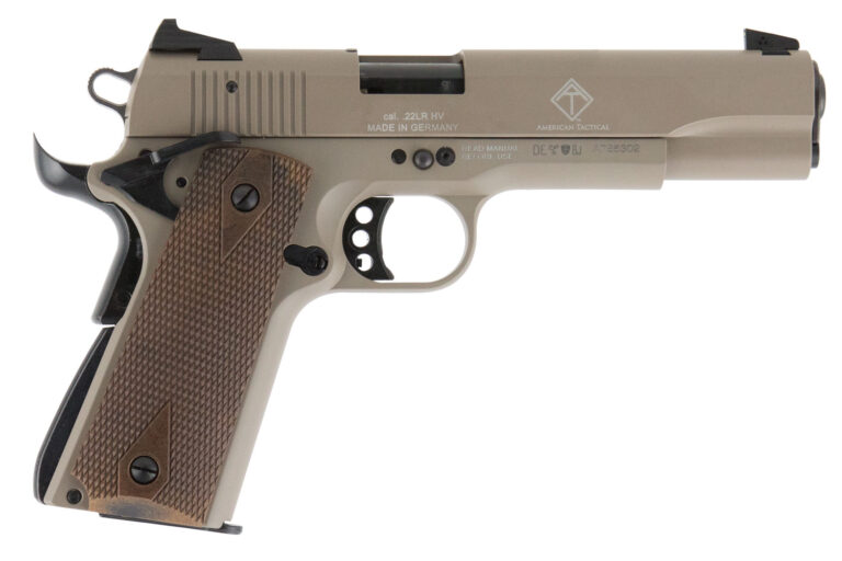 GSG GSG2210M1911T 1911  22 LR 10+1 5" Threaded Barrel, Tan Serrated Slide & Zinc Alloy w/Beavertail Frame, Double Diamond Walnut Grip