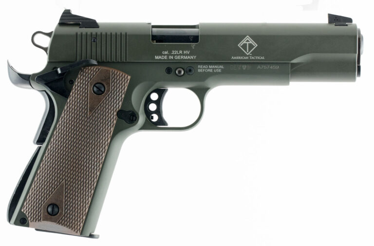 GSG GSG2210M1911G 1911  22 LR 10+1 5" Threaded Barrel, OD Green Serrated Slide, OD Green Zinc Alloy w/Beavertail Frame, Double Diamond Walnut Grip