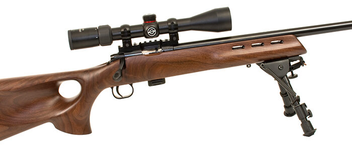 Crickett KSA20030 Model 722 Varmint Package Youth 22 LR 7+1 20" Blued Bull Barrel, Blued Steel Receiver, Fixed Thumbhole Walnut Stock, Includes Simmons 3-9x40mm Scope, Bipod, Case & Scope Rings