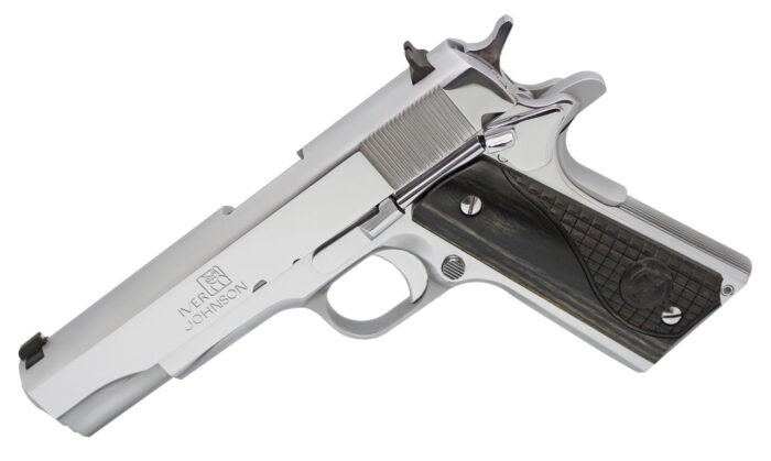 Iver Johnson Arms 1911CHRW 1911 A1  45 ACP 8+1 5" Stainless Steel Barrel, Bright Polish Chrome Serrated Steel Slide & Frame w/Beavertail, Black Diamondwood Grip