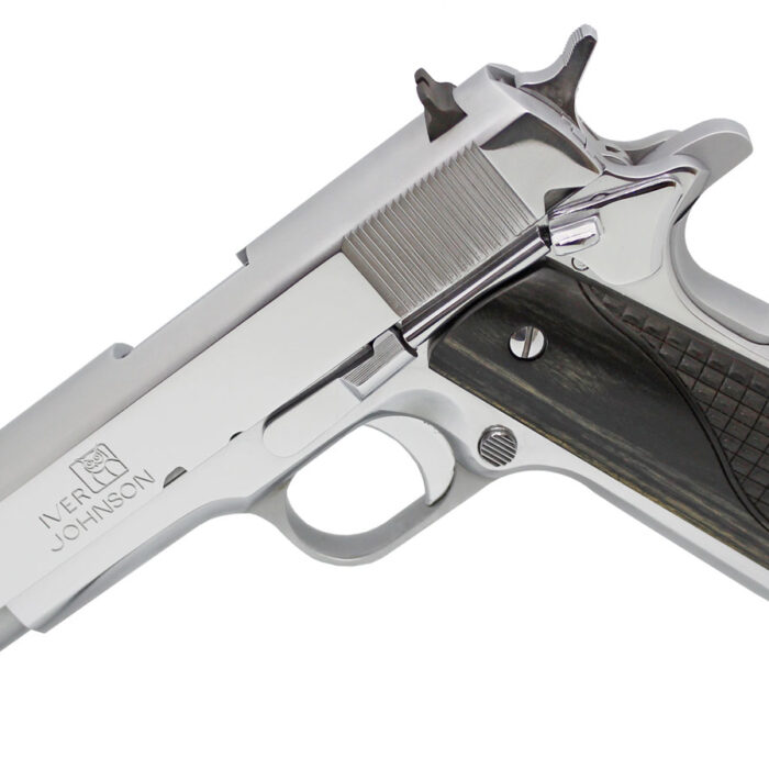 Iver Johnson Arms 1911CHRW 1911 A1  45 ACP 8+1 5" Stainless Steel Barrel, Bright Polish Chrome Serrated Steel Slide & Frame w/Beavertail, Black Diamondwood Grip