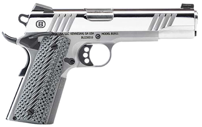 Bersa B19117050PMBG B1911 Mirror Full Size Frame 45 ACP 8+1 5" Stainless Steel Barrel, Polished Stainless Serrated Steel Slide, Stainless Steel Frame w/Beavertail, Gray VZ Grip, Ambidextrous