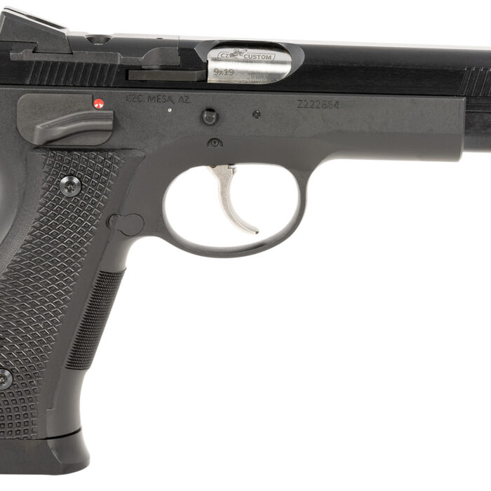 CZ-USA 91732 A01-SD  9mm Luger 19+1 4.93" Blued Match Grade Bull Barrel, Blued Optic Ready/Serrated Steel Slide, Blued Steel Frame w/Beavertail, Black Checkered Polymer Grip