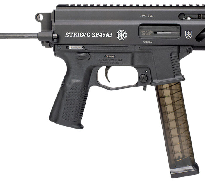 Grand Power 197892004831 SP45A3 Stribog 45 ACP 20+1 8" Black Threaded Barrel, Black Aluminum Picatinny Rail Receiver, Black PDW Tailhook Brace, Black Polymer Grip, Thread Protector