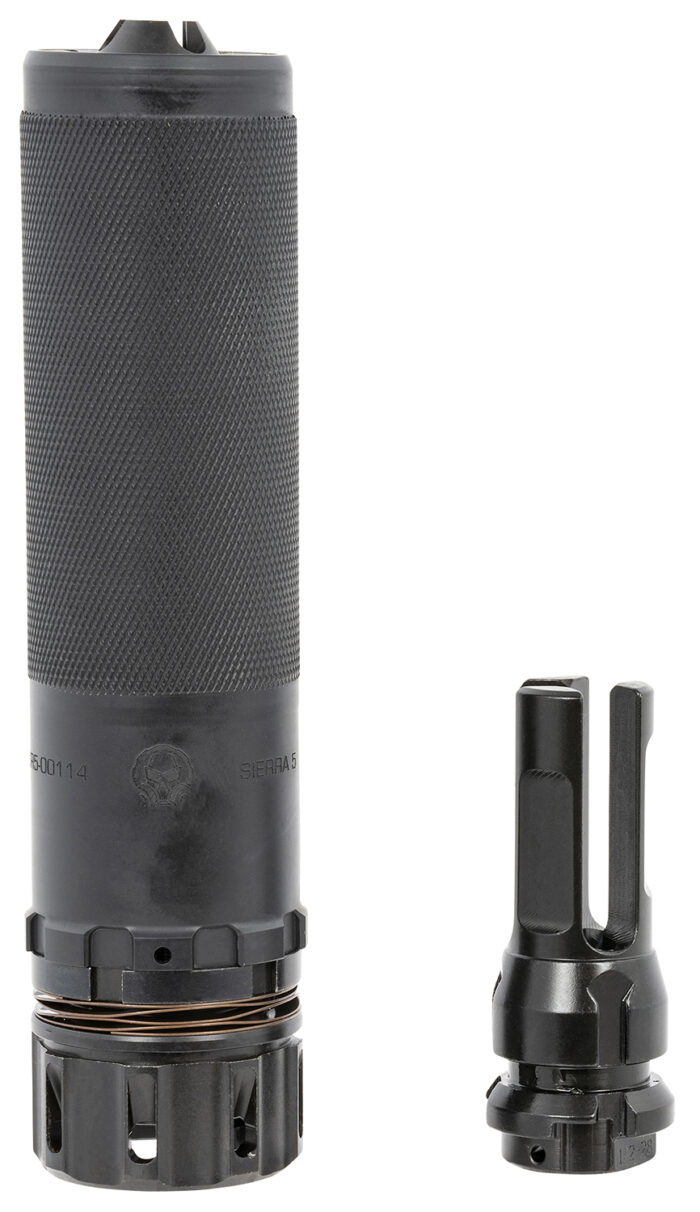Dead Air SIERRA5KM Sierra-5  5.56mm 1.50"D 1/2"-28 tpi Thread Pattern Made of Stellite Baffles & Stainless Steel Tube with Black Cerakote Finish Includes KeyMo Flash Hider & Mount