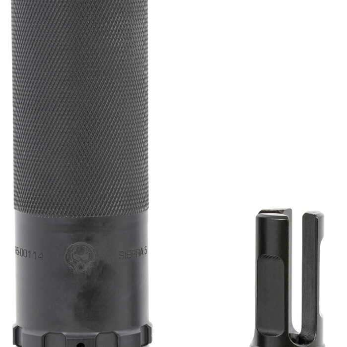 Dead Air SIERRA5KM Sierra-5  5.56mm 1.50"D 1/2"-28 tpi Thread Pattern Made of Stellite Baffles & Stainless Steel Tube with Black Cerakote Finish Includes KeyMo Flash Hider & Mount